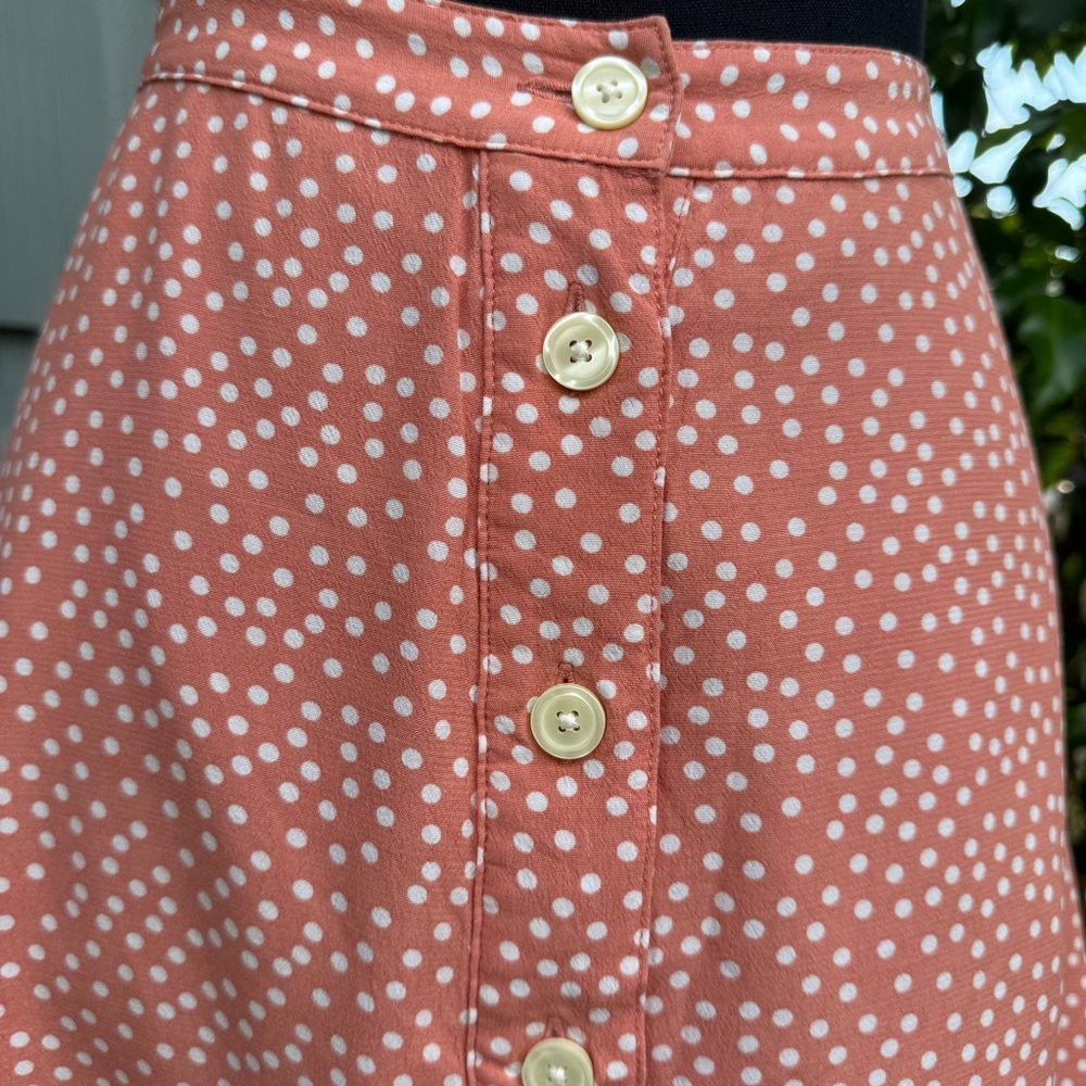 vintage GAP polka dot silky button down circle mini skirt, peach orange white, 6 - Picture 4 of 9
